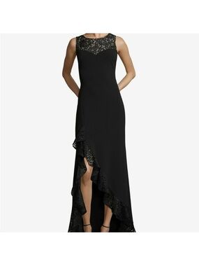 Betsy Adam | Black Lace-Trim High-Low Evening Dress